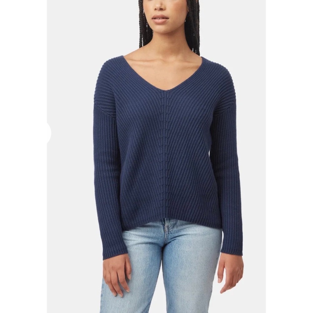 Tentree Highline V-Neck 100% Organic Cotton Hi-Lo Sweater Navy S Coastal Preppy